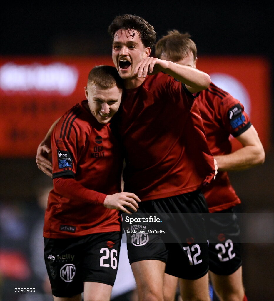 20 March 2026; Patrick Hickey, right, of Bohemians celebrates with team-mate Ross Tierney after scoring their side's first goal during the SSE Airtricity Men's Premier Division match between Bohemians and Dundalk at Dalymount Park in Dublin. Photo by Stephen McCarthy/Sportsfile
