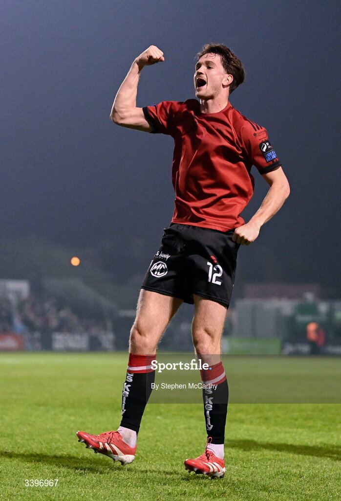 20 March 2026; Patrick Hickey of Bohemians celebrates after scoring his side's first goal during the SSE Airtricity Men's Premier Division match between Bohemians and Dundalk at Dalymount Park in Dublin. Photo by Stephen McCarthy/Sportsfile