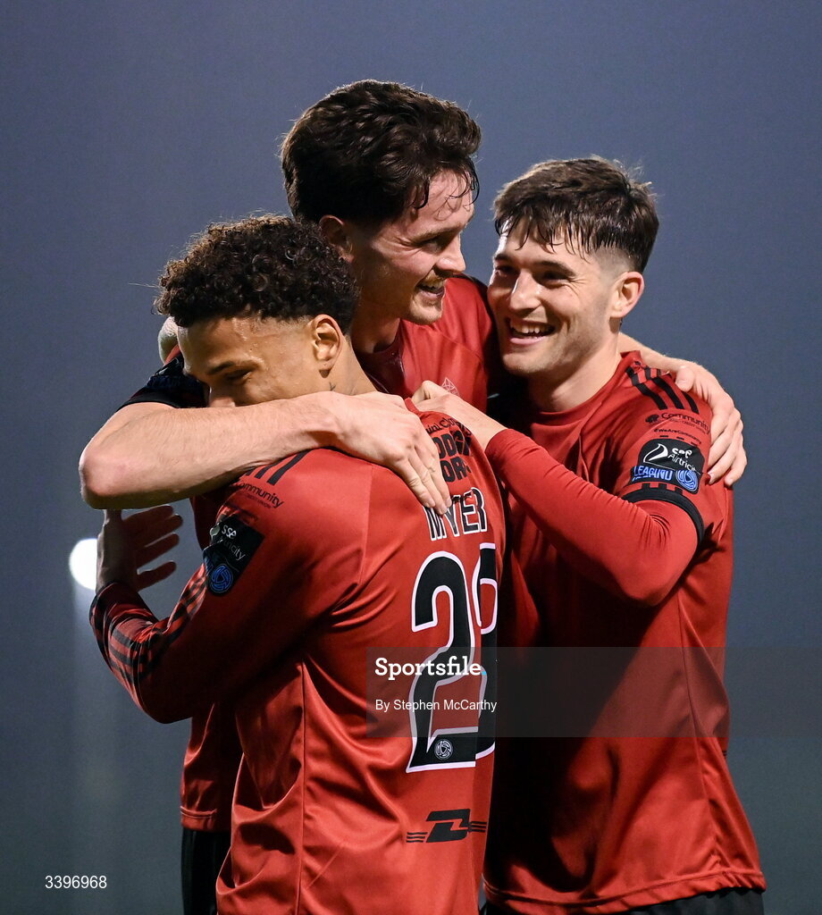 20 March 2026; Patrick Hickey, centre, of Bohemians celebrates with team-mates Zane Myers, left, and Colm Whelan, right, after scoring their side's first goal during the SSE Airtricity Men's Premier Division match between Bohemians and Dundalk at Dalymount Park in Dublin. Photo by Stephen McCarthy/Sportsfile