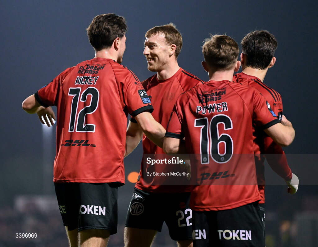 20 March 2026; Patrick Hickey, 12, of Bohemians celebrates with team-mate Sam Todd after scoring their side's first goal during the SSE Airtricity Men's Premier Division match between Bohemians and Dundalk at Dalymount Park in Dublin. Photo by Stephen McCarthy/Sportsfile