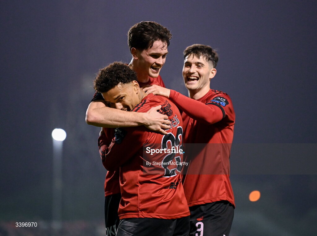 20 March 2026; Patrick Hickey, centre, of Bohemians celebrates with team-mates Zane Myers, left, and Colm Whelan, right, after scoring their side's first goal during the SSE Airtricity Men's Premier Division match between Bohemians and Dundalk at Dalymount Park in Dublin. Photo by Stephen McCarthy/Sportsfile