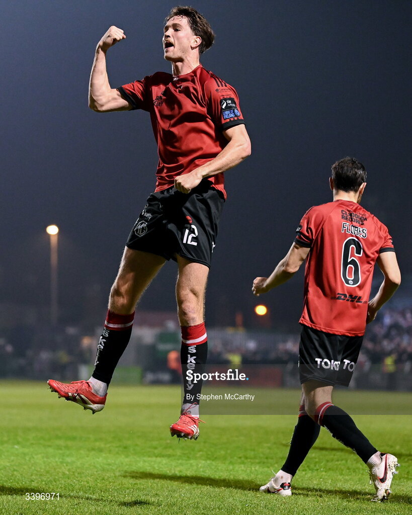20 March 2026; Patrick Hickey of Bohemians celebrates after scoring his side's first goal during the SSE Airtricity Men's Premier Division match between Bohemians and Dundalk at Dalymount Park in Dublin. Photo by Stephen McCarthy/Sportsfile