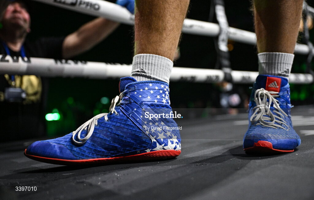20 March 2026; The boots of Xavier Kohlen before his welterweight IBF European title bout against Kieran Molloy at the SSE Arena in Belfast. Photo by David Fitzgerald/Sportsfile