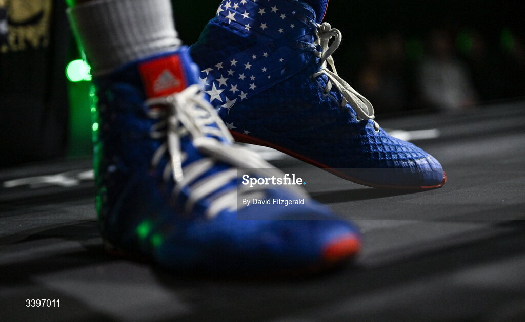 20 March 2026; The boots of Xavier Kohlen before his welterweight IBF European title bout against Kieran Molloy at the SSE Arena in Belfast. Photo by David Fitzgerald/Sportsfile