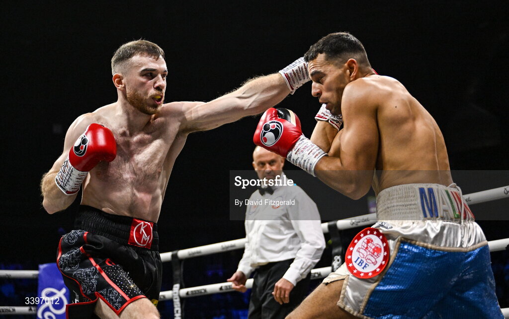 20 March 2026; Kieran Molloy, left, in action against Xavier Kohlen during their welterweight IBF European title bout at the SSE Arena in Belfast. Photo by David Fitzgerald/Sportsfile