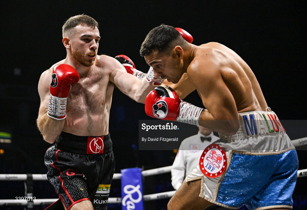 20 March 2026; Kieran Molloy, left, in action against Xavier Kohlen during their welterweight IBF European title bout at the SSE Arena in Belfast. Photo by David Fitzgerald/Sportsfile