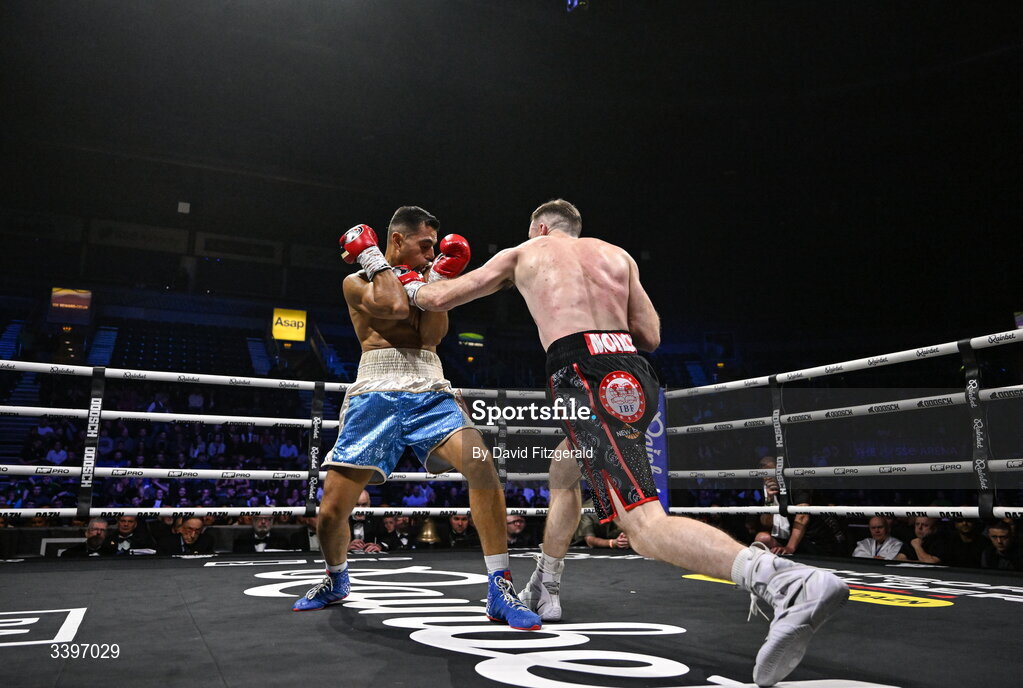 20 March 2026; Kieran Molloy, right, in action against Xavier Kohlen during their welterweight IBF European title bout at the SSE Arena in Belfast. Photo by David Fitzgerald/Sportsfile