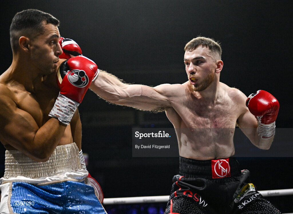 20 March 2026; Kieran Molloy, right, in action against Xavier Kohlen during their welterweight IBF European title bout at the SSE Arena in Belfast. Photo by David Fitzgerald/Sportsfile