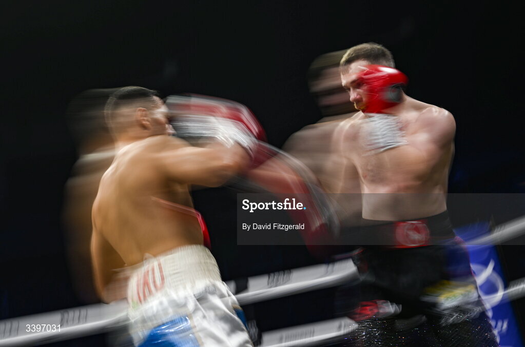 20 March 2026; Kieran Molloy, right, in action against Xavier Kohlen during their welterweight IBF European title bout at the SSE Arena in Belfast. Photo by David Fitzgerald/Sportsfile