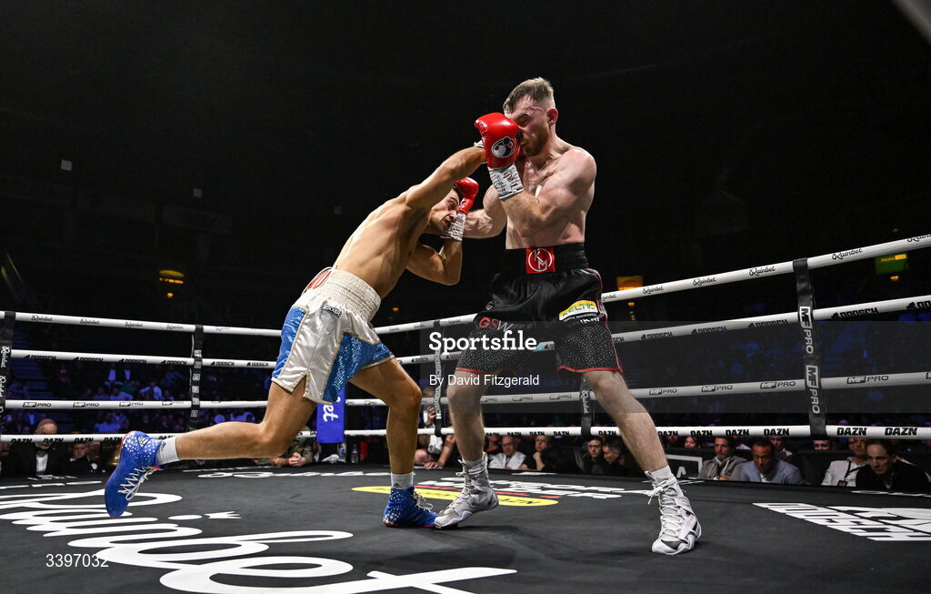 20 March 2026; Kieran Molloy, right, in action against Xavier Kohlen during their welterweight IBF European title bout at the SSE Arena in Belfast. Photo by David Fitzgerald/Sportsfile