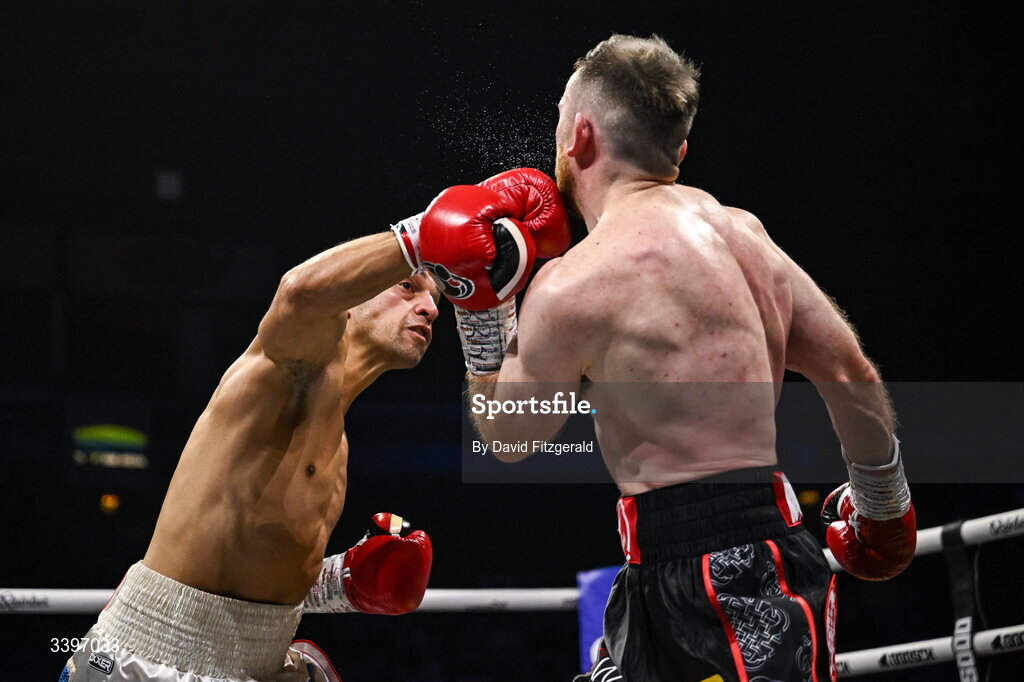 20 March 2026; Xavier Kohlen, left, in action against Kieran Molloy during their welterweight IBF European title bout at the SSE Arena in Belfast. Photo by David Fitzgerald/Sportsfile