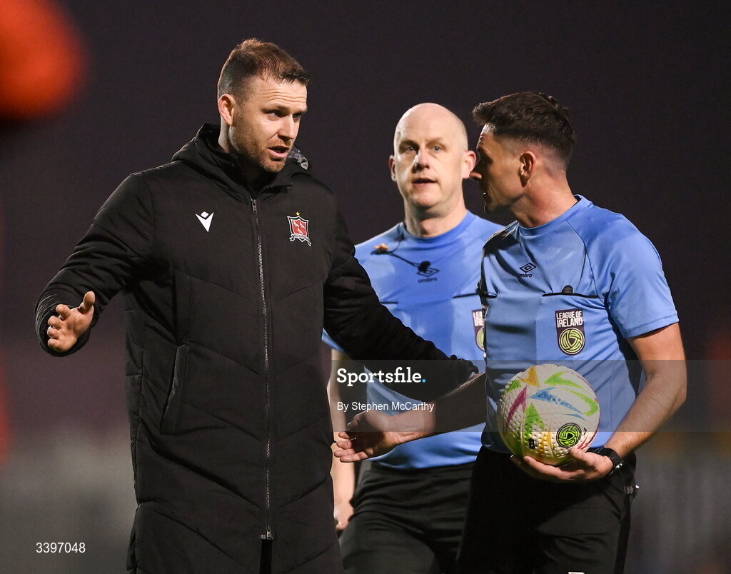 20 March 2026; Referee Rob Hennessy and Dundalk manager Ciaran Kilduff at half-time of the SSE Airtricity Men's Premier Division match between Bohemians and Dundalk at Dalymount Park in Dublin. Photo by Stephen McCarthy/Sportsfile