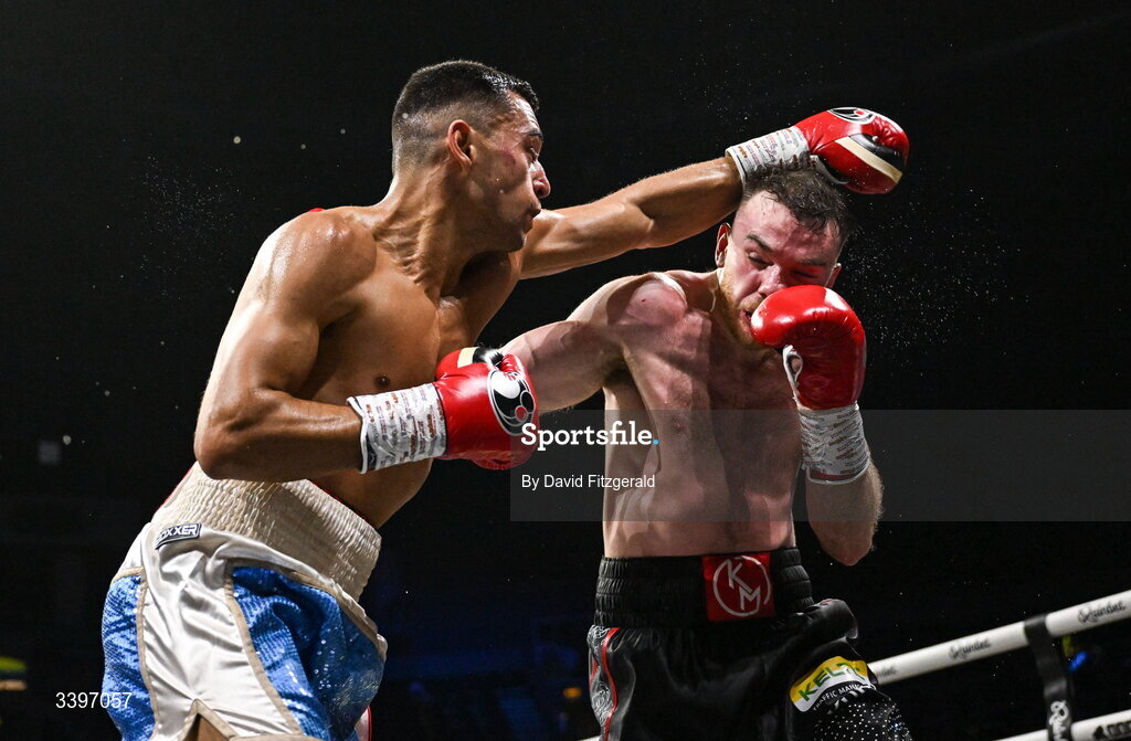 20 March 2026; Kieran Molloy, right, in action against Xavier Kohlen during their welterweight IBF European title bout at the SSE Arena in Belfast. Photo by David Fitzgerald/Sportsfile