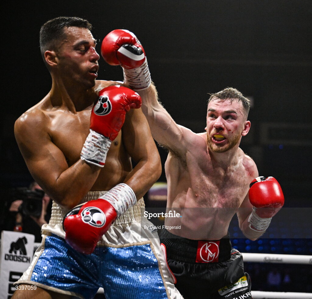 20 March 2026; Kieran Molloy, right, in action against Xavier Kohlen during their welterweight IBF European title bout at the SSE Arena in Belfast. Photo by David Fitzgerald/Sportsfile
