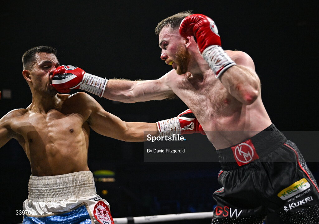 20 March 2026; Kieran Molloy, right, in action against Xavier Kohlen during their welterweight IBF European title bout at the SSE Arena in Belfast. Photo by David Fitzgerald/Sportsfile