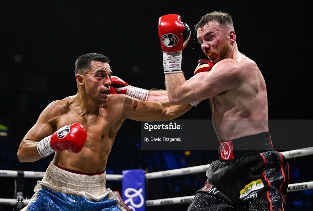 20 March 2026; Kieran Molloy, right, in action against Xavier Kohlen during their welterweight IBF European title bout at the SSE Arena in Belfast. Photo by David Fitzgerald/Sportsfile
