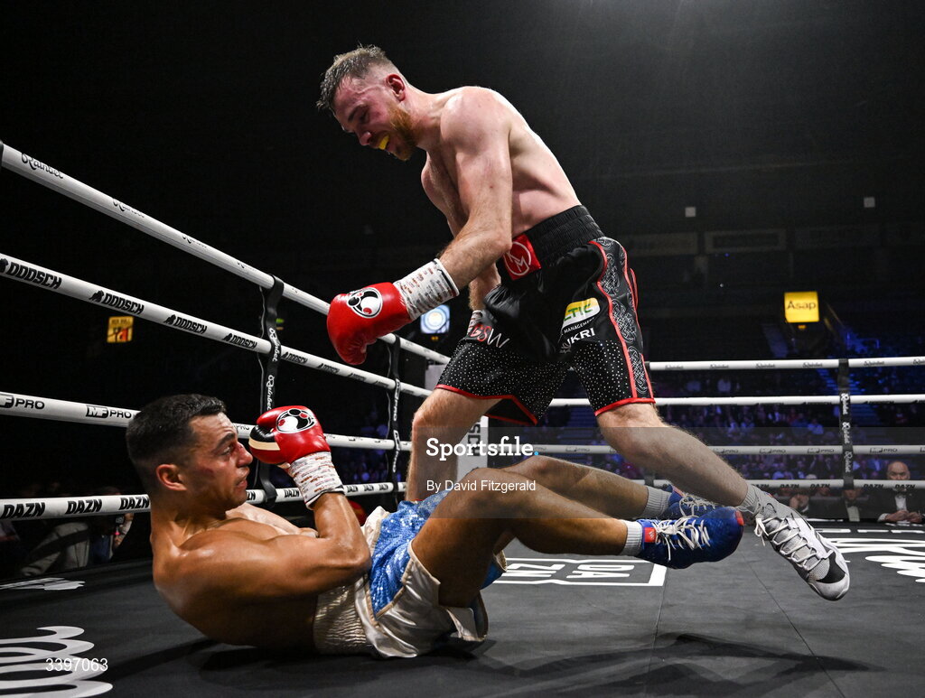 20 March 2026; Kieran Molloy, right, in action against Xavier Kohlen during their welterweight IBF European title bout at the SSE Arena in Belfast. Photo by David Fitzgerald/Sportsfile