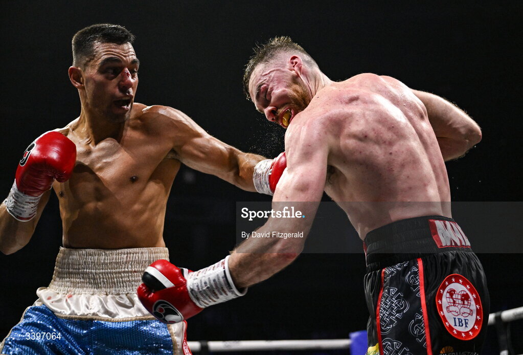 20 March 2026; Kieran Molloy, right, in action against Xavier Kohlen during their welterweight IBF European title bout at the SSE Arena in Belfast. Photo by David Fitzgerald/Sportsfile