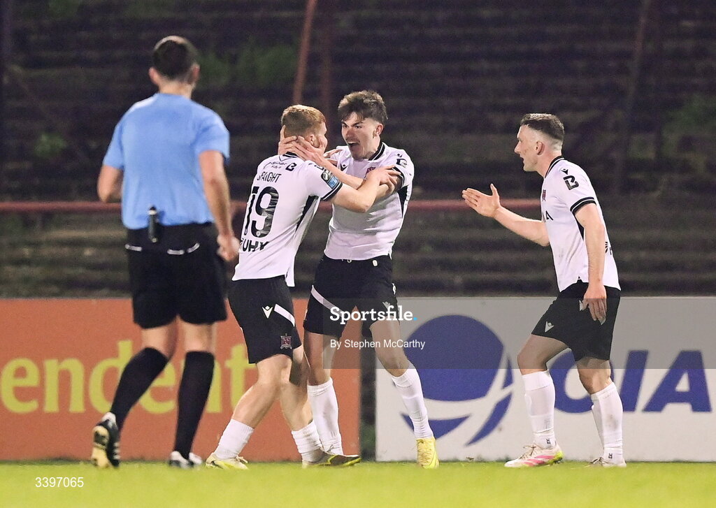 20 March 2026; Séan Spaight, left, and Eoin Kenny of Dundalk celebrate their side's first goal during the SSE Airtricity Men's Premier Division match between Bohemians and Dundalk at Dalymount Park in Dublin. Photo by Stephen McCarthy/Sportsfile