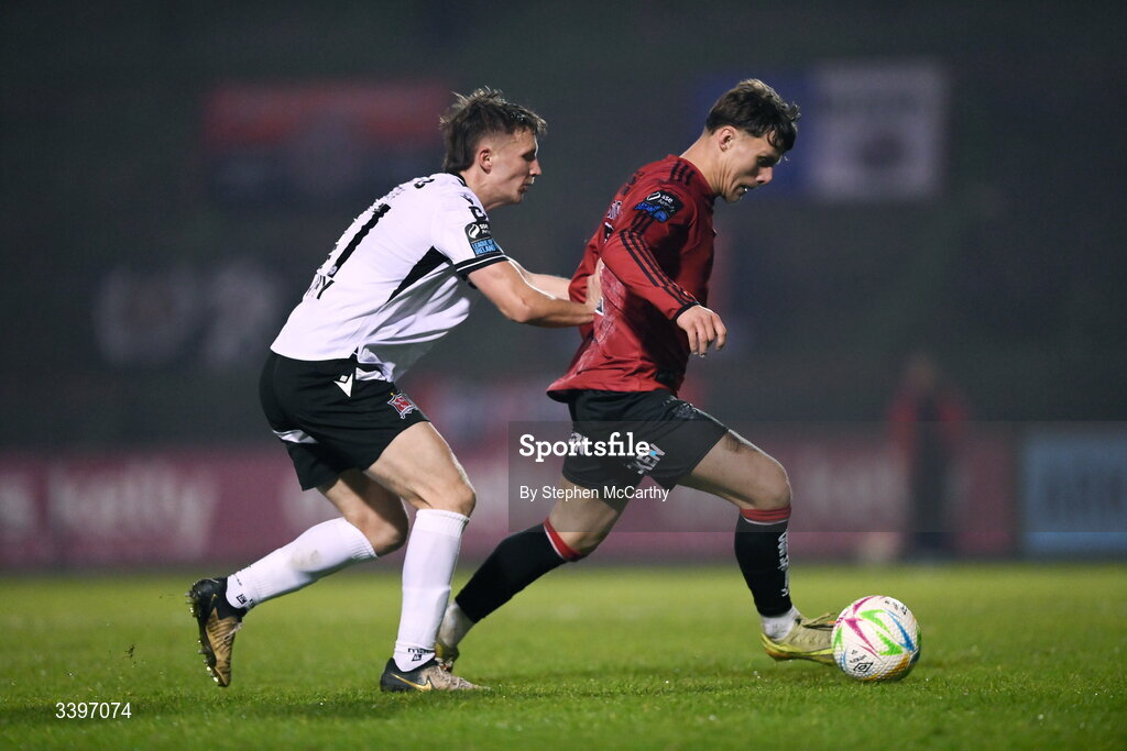 20 March 2026; Markuss Strods of Bohemians in action against John Ross Wilson of Dundalk during the SSE Airtricity Men's Premier Division match between Bohemians and Dundalk at Dalymount Park in Dublin. Photo by Stephen McCarthy/Sportsfile