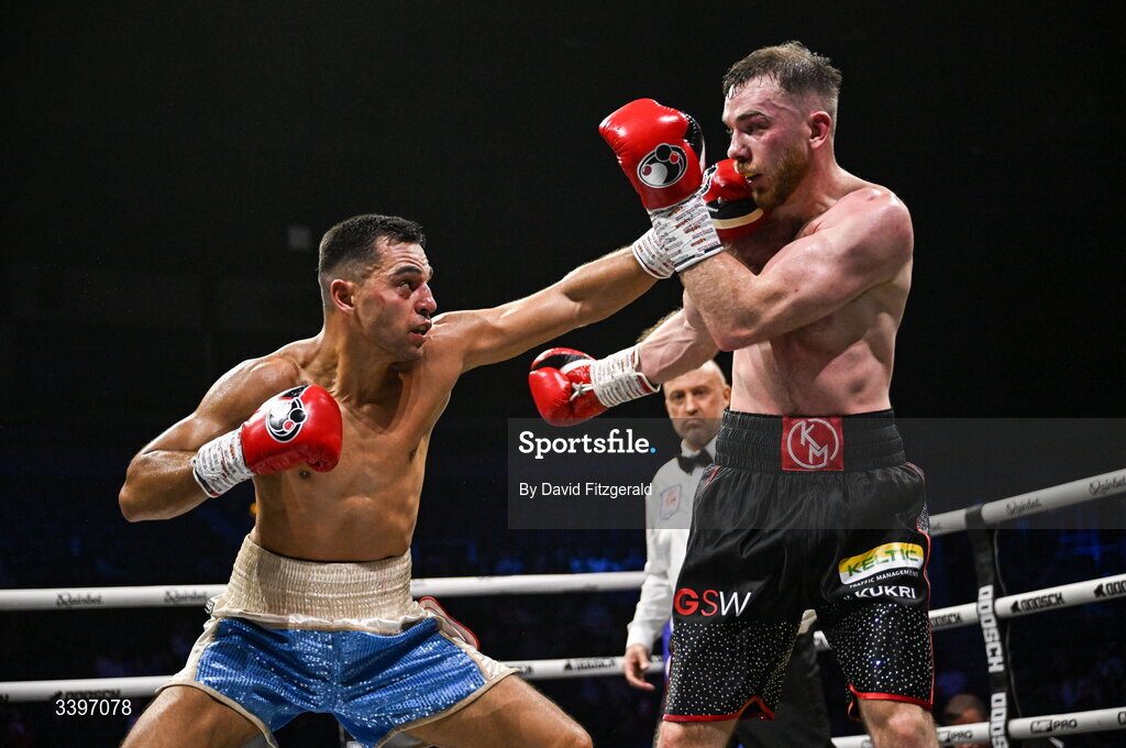 20 March 2026; Kieran Molloy, right, in action against Xavier Kohlen during their welterweight IBF European title bout at the SSE Arena in Belfast. Photo by David Fitzgerald/Sportsfile