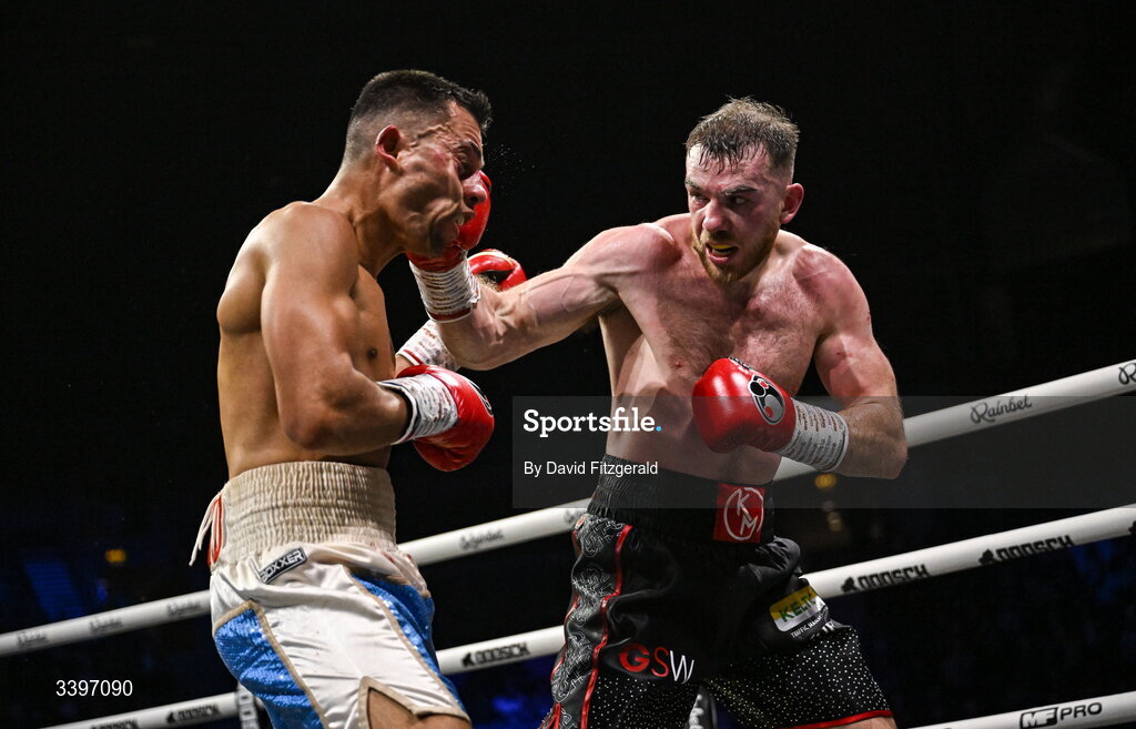 20 March 2026; Kieran Molloy, right, in action against Xavier Kohlen during their welterweight IBF European title bout at the SSE Arena in Belfast. Photo by David Fitzgerald/Sportsfile
