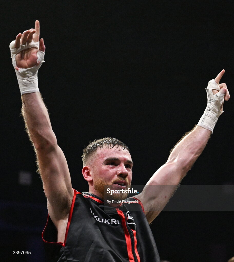 20 March 2026; Kieran Molloy celebrates his victory over Xavier Kohlen during their welterweight IBF European title bout at the SSE Arena in Belfast. Photo by David Fitzgerald/Sportsfile