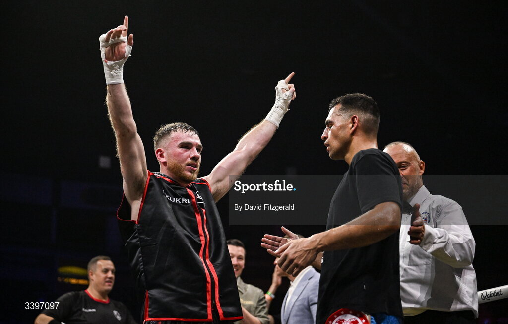 20 March 2026; Kieran Molloy, left, celebrates his victory over Xavier Kohlen during their welterweight IBF European title bout at the SSE Arena in Belfast. Photo by David Fitzgerald/Sportsfile
