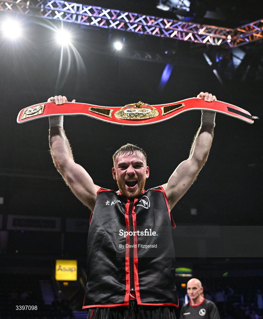 20 March 2026; Kieran Molloy celebrates his victory over Xavier Kohlen in their welterweight IBF European title bout at the SSE Arena in Belfast. Photo by David Fitzgerald/Sportsfile