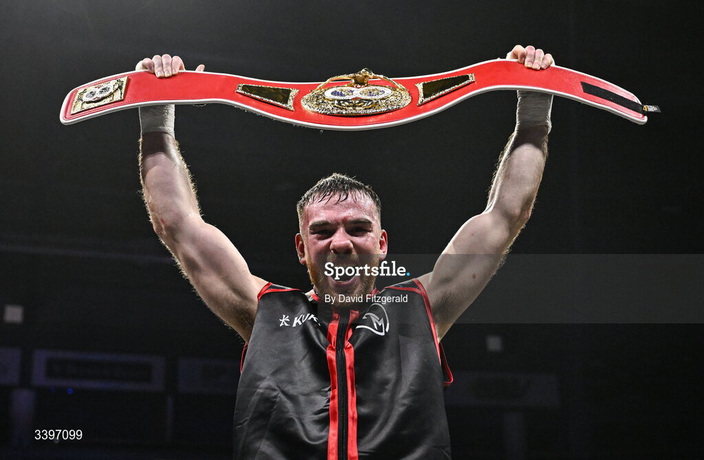 20 March 2026; Kieran Molloy celebrates his victory over Xavier Kohlen in their welterweight IBF European title bout at the SSE Arena in Belfast. Photo by David Fitzgerald/Sportsfile