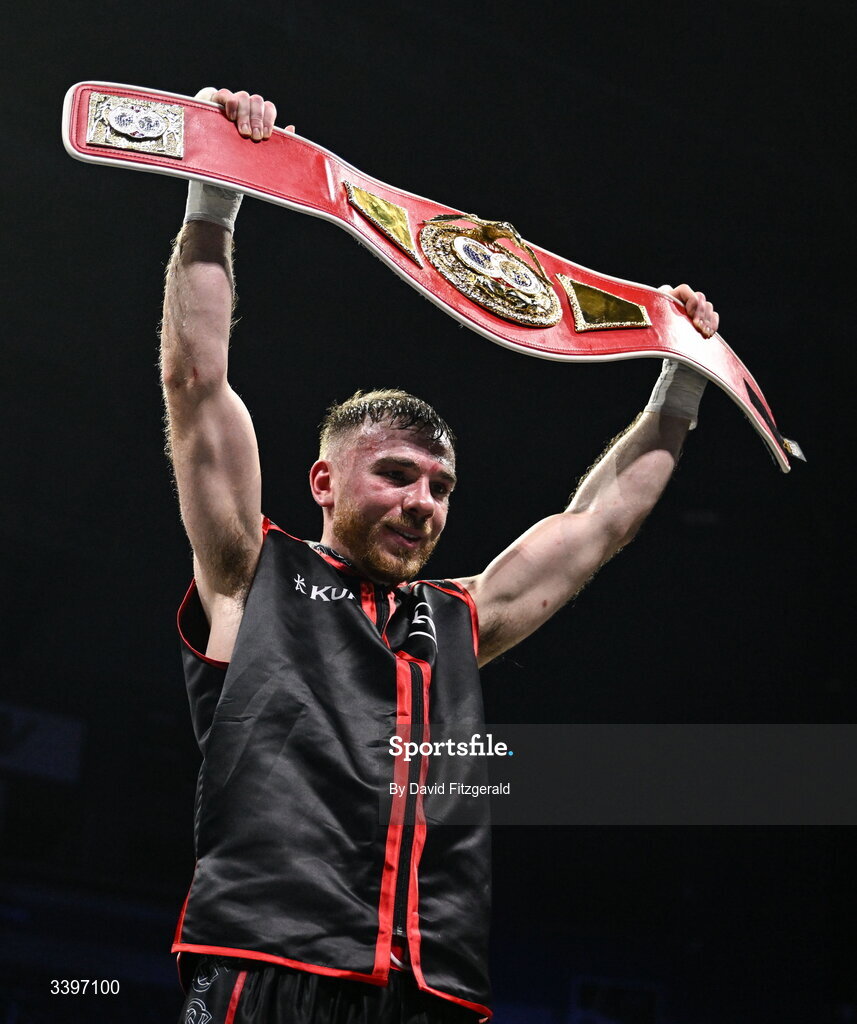 20 March 2026; Kieran Molloy celebrates his victory over Xavier Kohlen in their welterweight IBF European title bout at the SSE Arena in Belfast. Photo by David Fitzgerald/Sportsfile