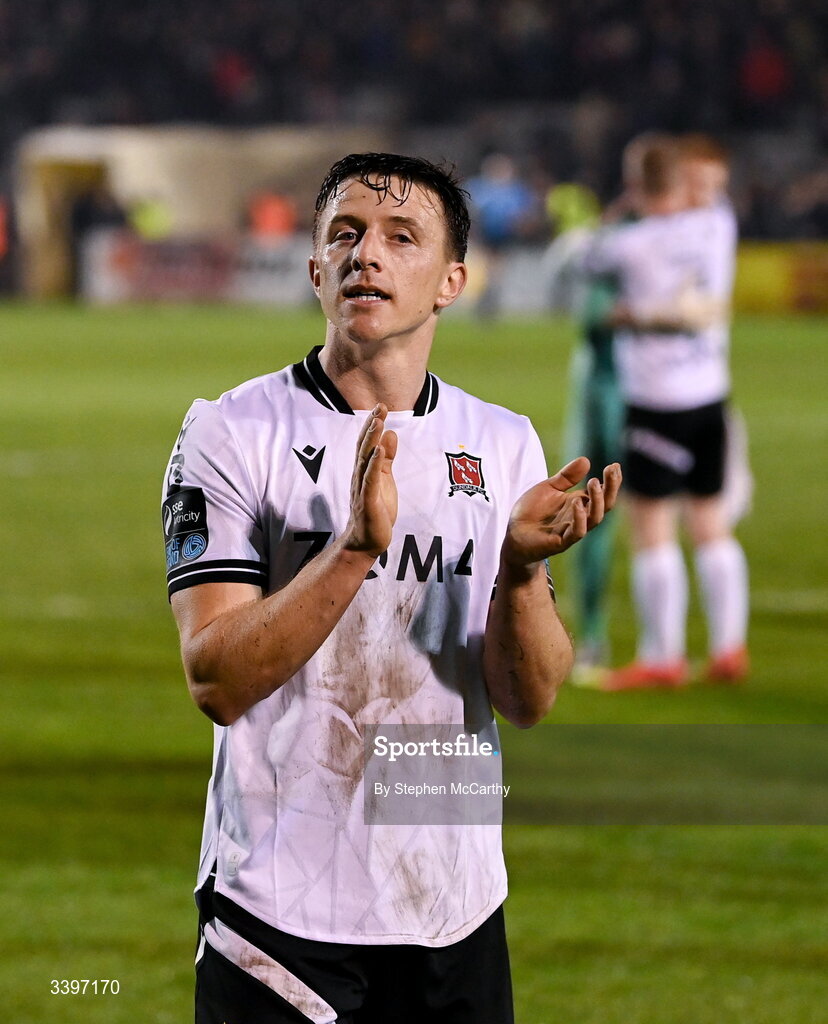 20 March 2026; Keith Buckley of Dundalk acknowledges his side's supporters after the SSE Airtricity Men's Premier Division match between Bohemians and Dundalk at Dalymount Park in Dublin. Photo by Stephen McCarthy/Sportsfile