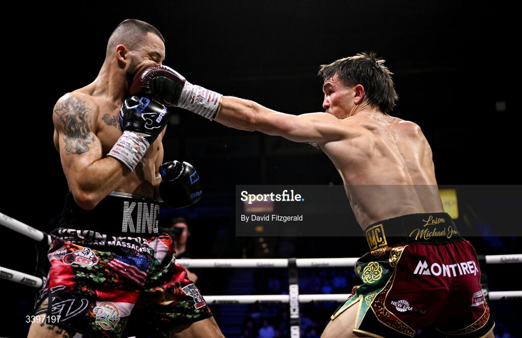 20 March 2026; Michael Conlan, right, in action against Kevin Walsh during their WBC featherweight title fight at the SSE Arena in Belfast. Photo by David Fitzgerald/Sportsfile