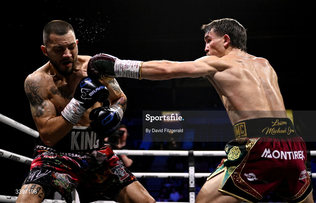 20 March 2026; Michael Conlan, right, in action against Kevin Walsh during their WBC featherweight title fight at the SSE Arena in Belfast. Photo by David Fitzgerald/Sportsfile