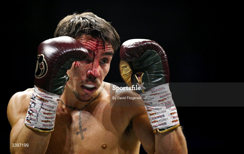20 March 2026; (EDITORS NOTE: Image contains graphic content) Michael Conlan during his WBC featherweight title fight against Kevin Walsh at the SSE Arena in Belfast. Photo by David Fitzgerald/Sportsfile