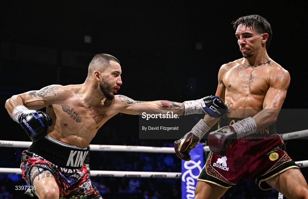 20 March 2026; Michael Conlan, right, in action against Kevin Walsh during their WBC featherweight title fight at the SSE Arena in Belfast. Photo by David Fitzgerald/Sportsfile