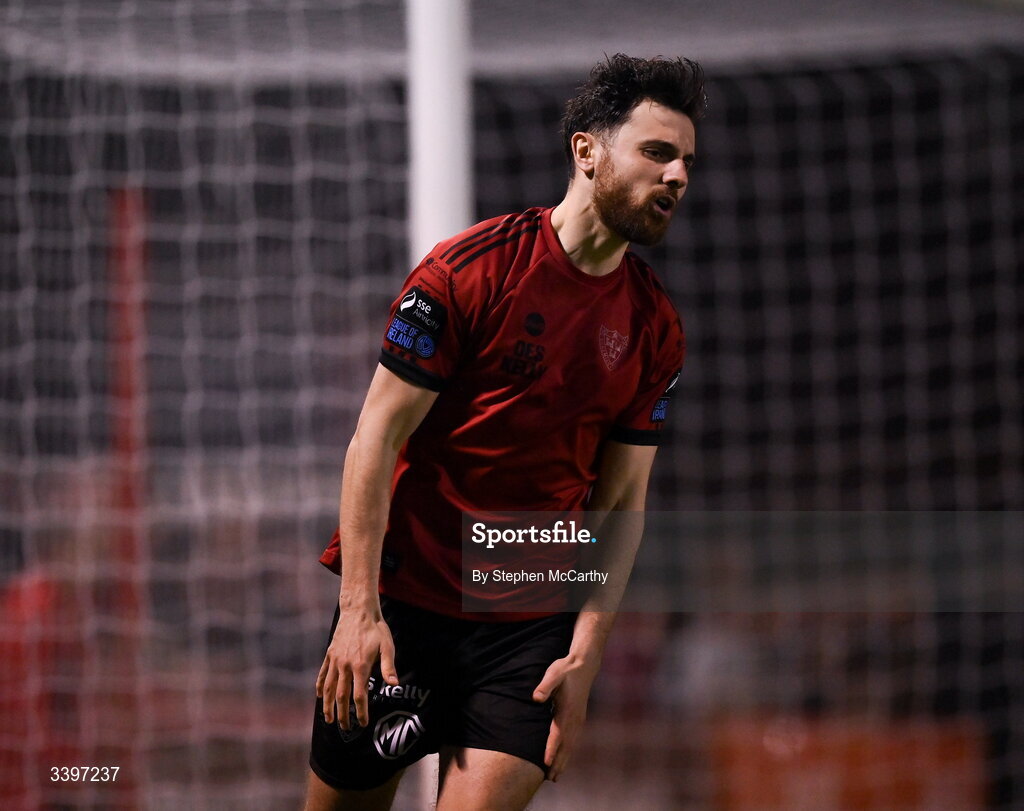 20 March 2026; Jordan Flores of Bohemians reacts to a missed opportunity on goal during the SSE Airtricity Men's Premier Division match between Bohemians and Dundalk at Dalymount Park in Dublin. Photo by Stephen McCarthy/Sportsfile