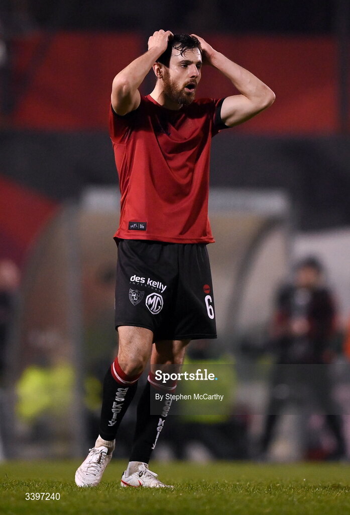 20 March 2026; Jordan Flores of Bohemians reacts to a missed opportunity on goal during the SSE Airtricity Men's Premier Division match between Bohemians and Dundalk at Dalymount Park in Dublin. Photo by Stephen McCarthy/Sportsfile