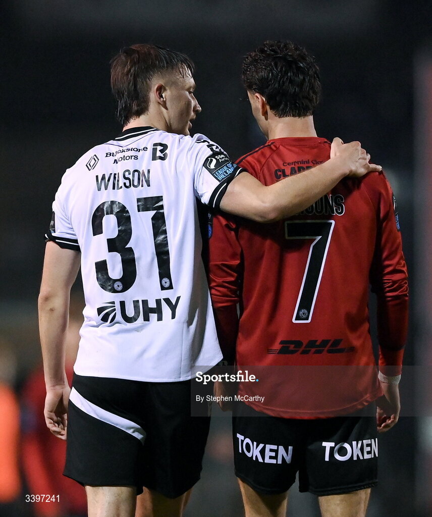 20 March 2026; John Ross Wilson of Dundalk and Connor Parsons of Bohemians after the SSE Airtricity Men's Premier Division match between Bohemians and Dundalk at Dalymount Park in Dublin. Photo by Stephen McCarthy/Sportsfile