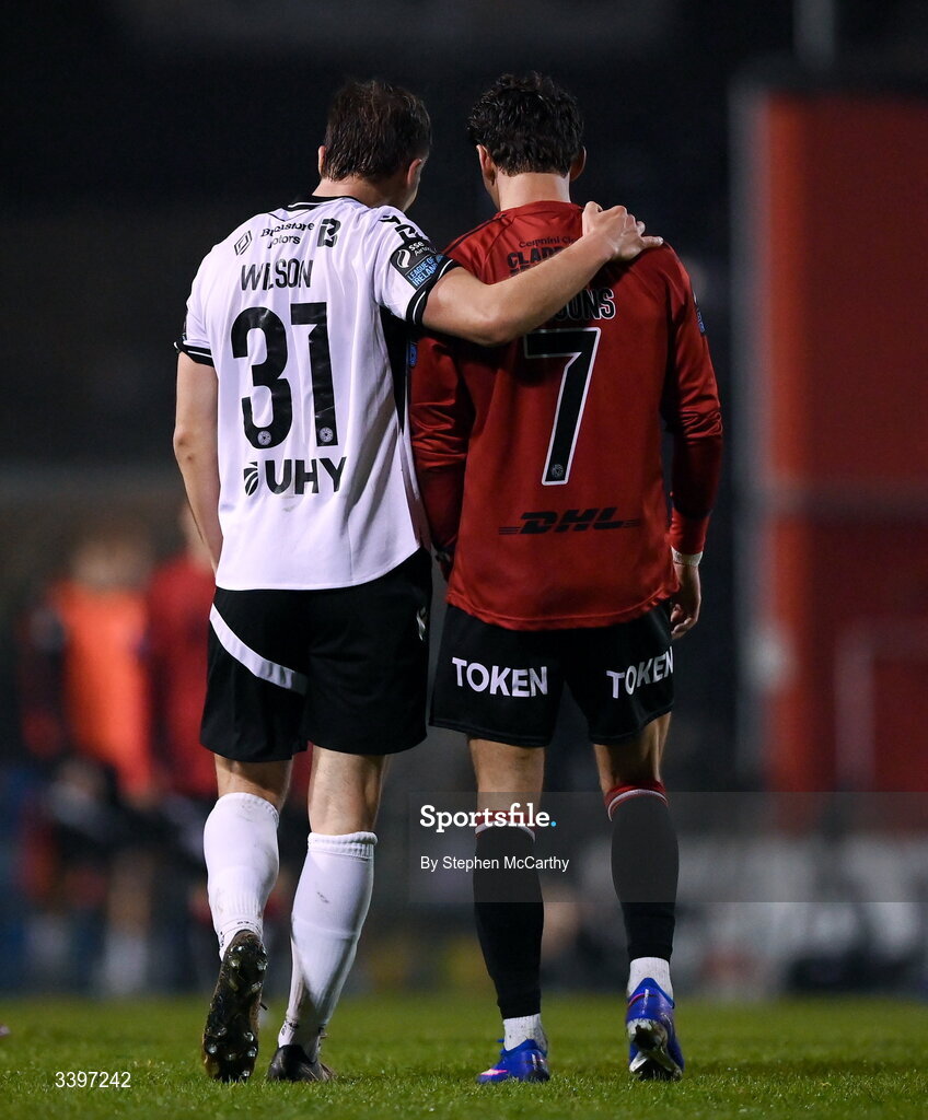 20 March 2026; John Ross Wilson of Dundalk and Connor Parsons of Bohemians after the SSE Airtricity Men's Premier Division match between Bohemians and Dundalk at Dalymount Park in Dublin. Photo by Stephen McCarthy/Sportsfile
