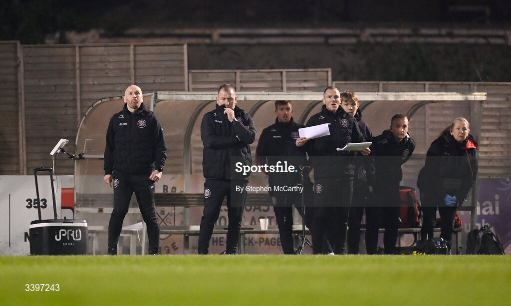 20 March 2026; Bohemians manager Alan Reynolds, second from left, with assistant manager Stephen O'Donnell, left, and first team coach Derek Pender, right, during the SSE Airtricity Men's Premier Division match between Bohemians and Dundalk at Dalymount Park in Dublin. Photo by Stephen McCarthy/Sportsfile