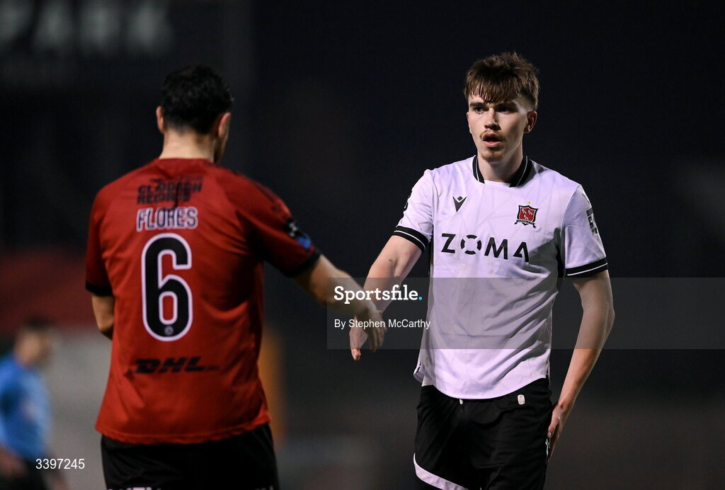 20 March 2026; Eoin Kenny of Dundalk and Jordan Flores of Bohemians after the SSE Airtricity Men's Premier Division match between Bohemians and Dundalk at Dalymount Park in Dublin. Photo by Stephen McCarthy/Sportsfile