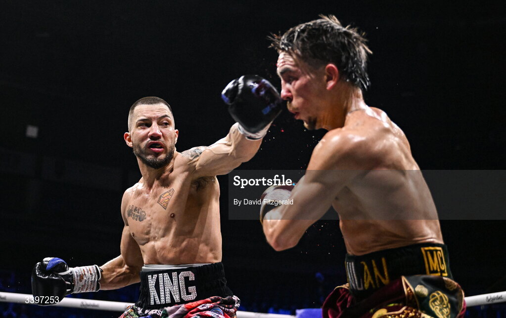 20 March 2026; Kevin Walsh, left, in action against Michael Conlan during their WBC featherweight title fight at the SSE Arena in Belfast. Photo by David Fitzgerald/Sportsfile