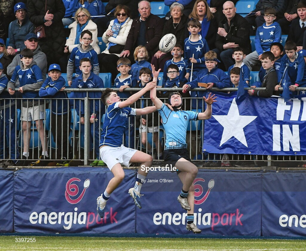20 March 2026; Moss Sheehan of St Mary’s College in action against Rory Nolan of St Michael’s College during the Bank of Ireland Leinster Rugby Boys Schools Junior Cup final match between St Mary's College and St Michael's College at Energia Park in Dublin. Photo by Jamie O'Brien/Sportsfile
