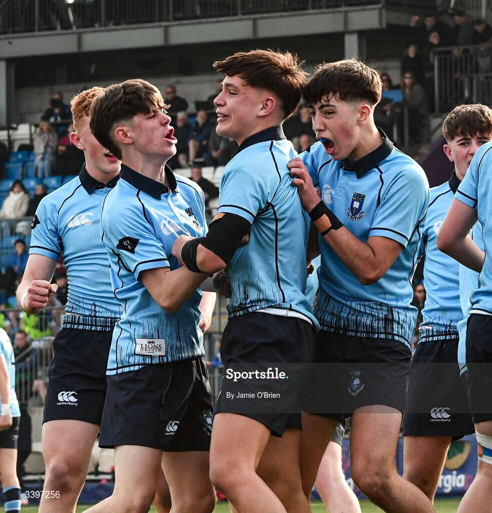 20 March 2026; Charlie Endall of St Michael's College celebrates after scoring his side's second try during the Bank of Ireland Leinster Rugby Boys Schools Junior Cup final match between St Mary's College and St Michael's College at Energia Park in Dublin. Photo by Jamie O'Brien/Sportsfile