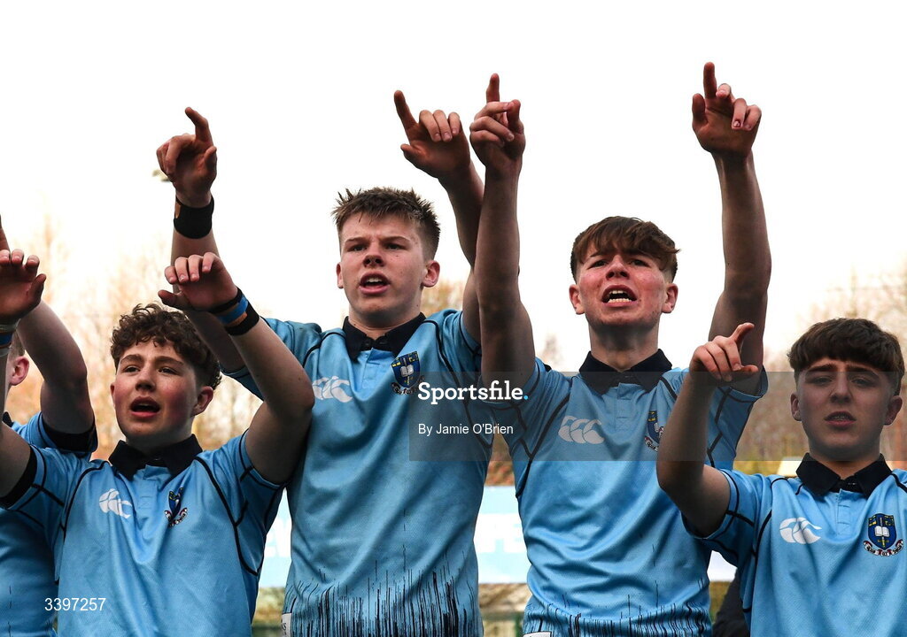 20 March 2026; St Michael's College players celebrate after the Bank of Ireland Leinster Rugby Boys Schools Junior Cup final match between St Mary's College and St Michael's College at Energia Park in Dublin. Photo by Jamie O'Brien/Sportsfile