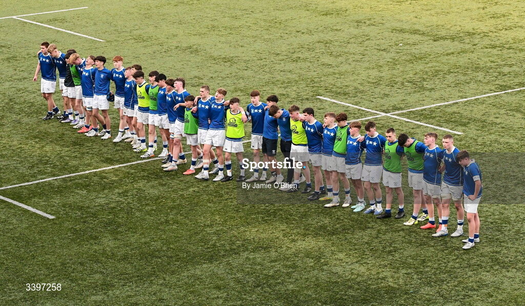 20 March 2026; The St Mary's College players after the Bank of Ireland Leinster Rugby Boys Schools Junior Cup final match between St Mary's College and St Michael's College at Energia Park in Dublin. Photo by Jamie O'Brien/Sportsfile