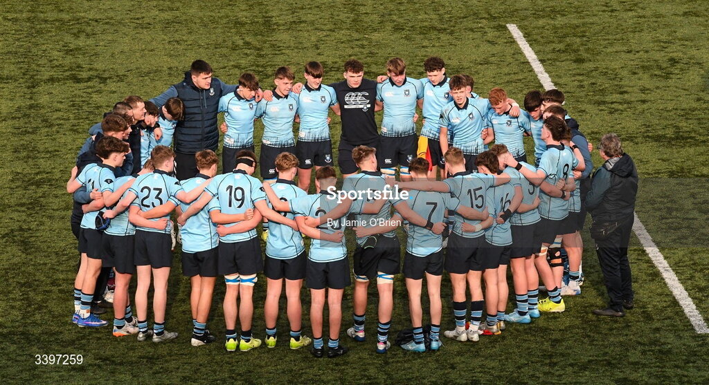 20 March 2026; The St Michael's College team huddle after the Bank of Ireland Leinster Rugby Boys Schools Junior Cup final match between St Mary's College and St Michael's College at Energia Park in Dublin. Photo by Jamie O'Brien/Sportsfile
