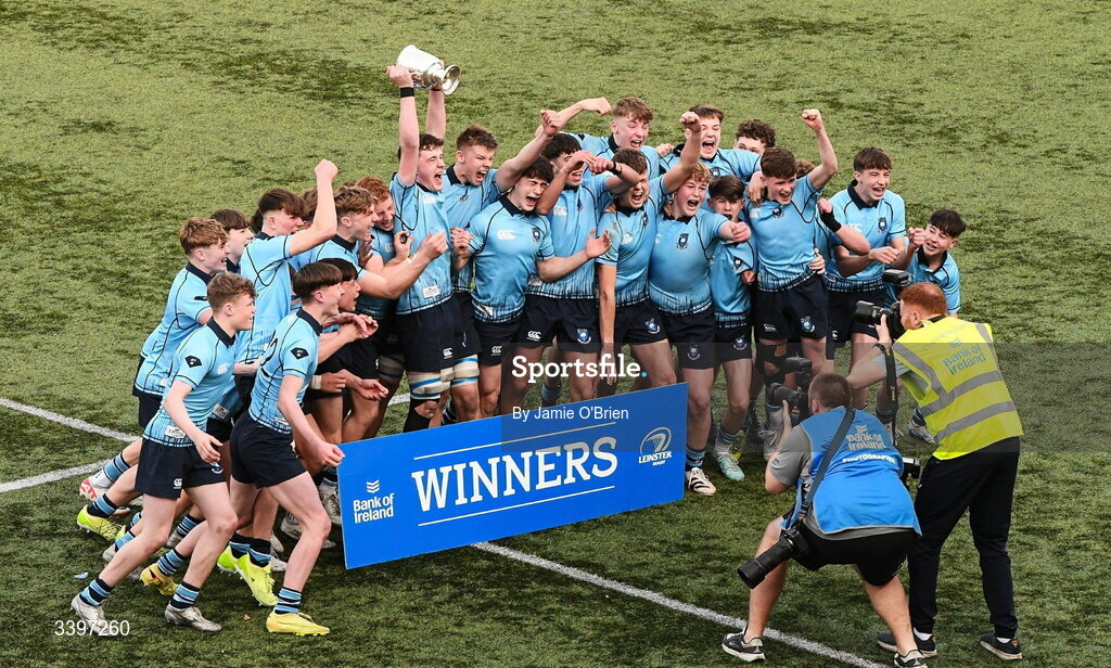 20 March 2026; The St Michael's College players celebrate after the Bank of Ireland Leinster Rugby Boys Schools Junior Cup final match between St Mary's College and St Michael's College at Energia Park in Dublin. Photo by Jamie O'Brien/Sportsfile