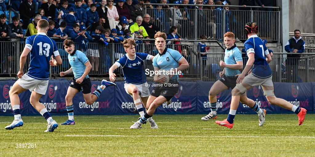 20 March 2026; Myles Carroll of St Michael’s College during the Bank of Ireland Leinster Rugby Boys Schools Junior Cup final match between St Mary's College and St Michael's College at Energia Park in Dublin. Photo by Jamie O'Brien/Sportsfile